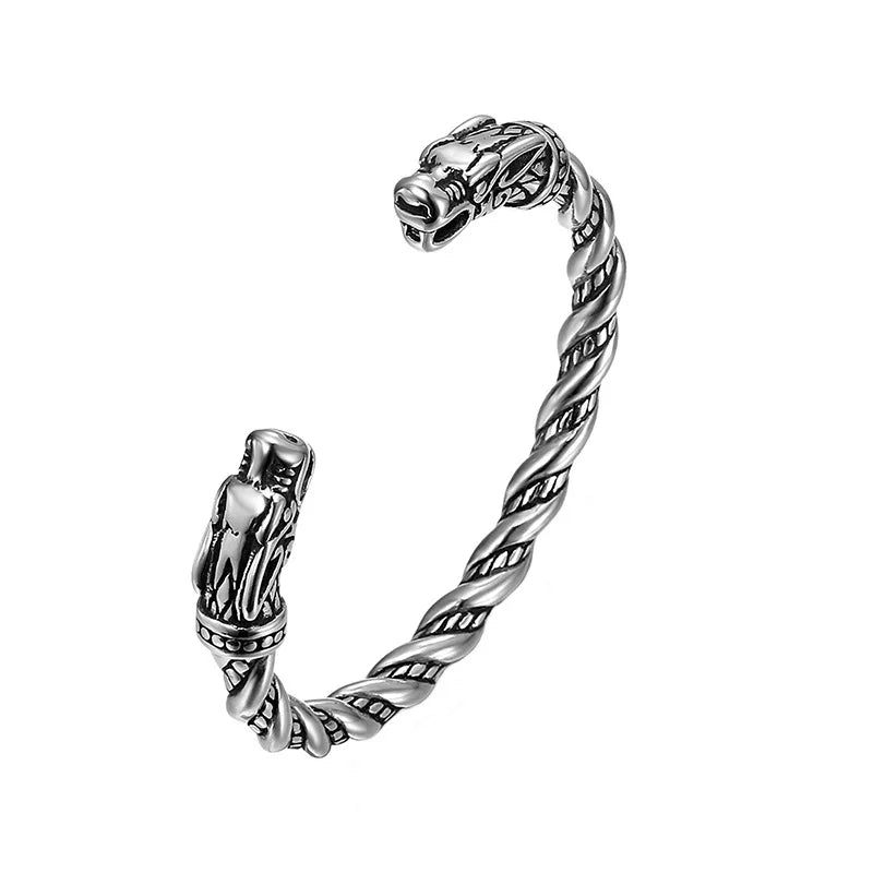 Norse Viking Wolf Head Bracelet Stainless Steel Opening Adjustable Wristband Cuff Snake Bangle for Men Fashion Jewelry Wholesale