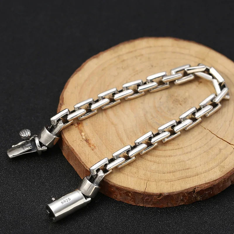 Pure S925 Sterling Silver Bracelet For Men Women 8mm Rectangle Box Link Bracelets 21cm Length