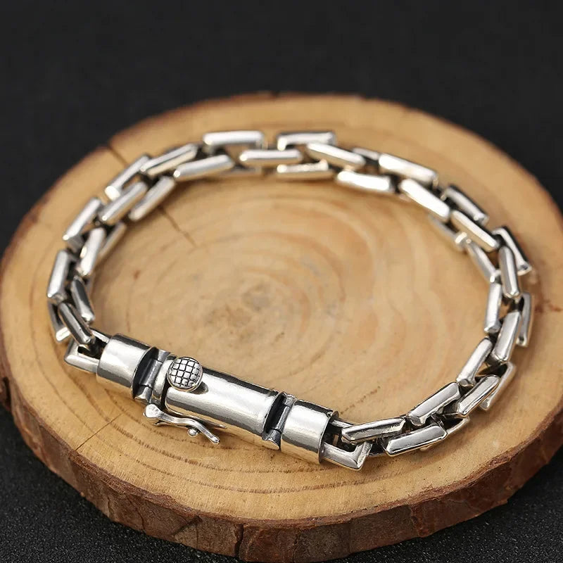 Pure S925 Sterling Silver Bracelet For Men Women 8mm Rectangle Box Link Bracelets 21cm Length