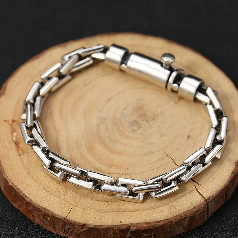 Pure S925 Sterling Silver Bracelet For Men Women 8mm Rectangle Box Link Bracelets 21cm Length