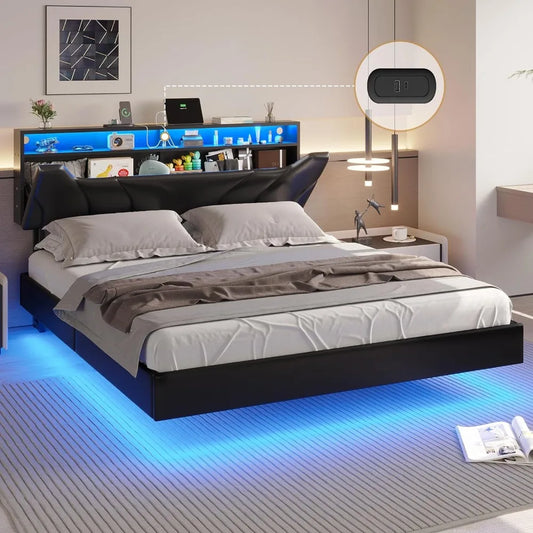 Queen Floating Bed Frame with Storage Headboard and LED Lights Queen Size Visual Floating LED Bed Frame with Type-C & USB Port