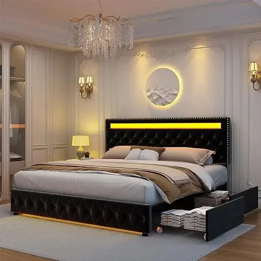 Queen Led Bed Frame with 4 Storage Drawers, with Smart Control  LED Lights Headboard Footboard,  Queen Size Bed Frame