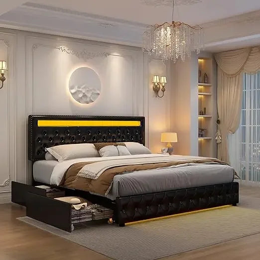 Queen Led Bed Frame with 4 Storage Drawers, with Smart Control  LED Lights Headboard Footboard,  Queen Size Bed Frame