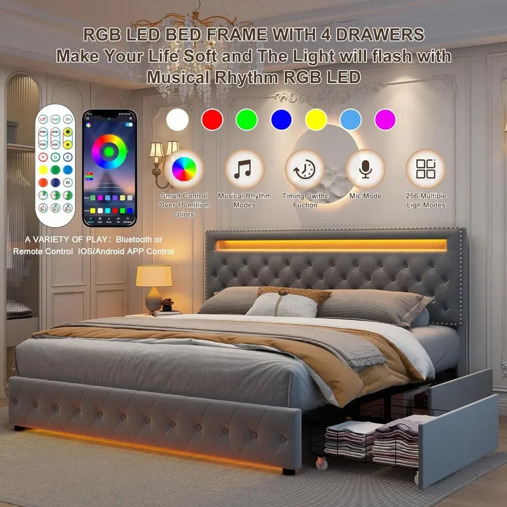 Queen Led Bed Frame with 4 Storage Drawers, with Smart Control  LED Lights Headboard Footboard,  Queen Size Bed Frame