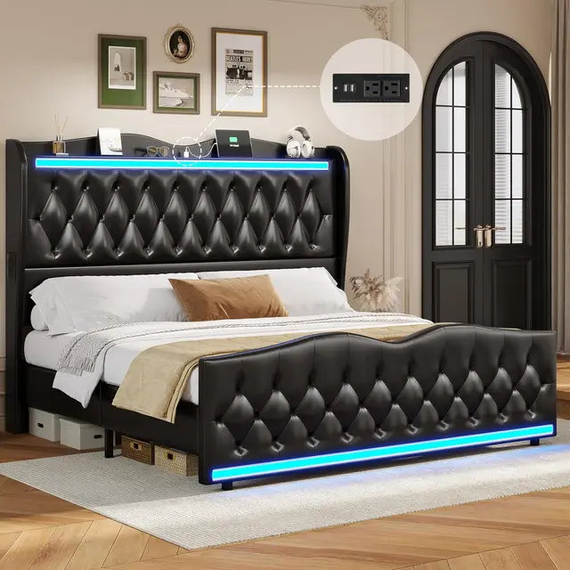 Queen Size Bed Frame Tall Headboard with LED Lights & Charging Station, Upholstered Wing Headboard & Footboard, Bed