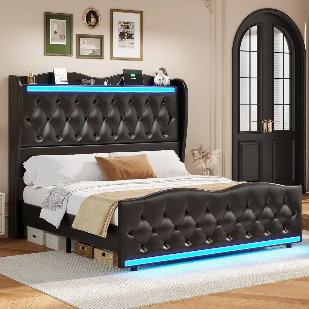 Queen Size Bed Frame Tall Headboard with LED Lights & Charging Station, Upholstered Wing Headboard & Footboard, Bed