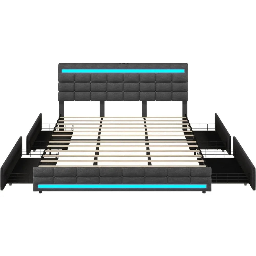 Queen Size Bed Frame with LED Upholstered Platform and Storage Drawers, USB Ports, Dark Grey Bed Frame