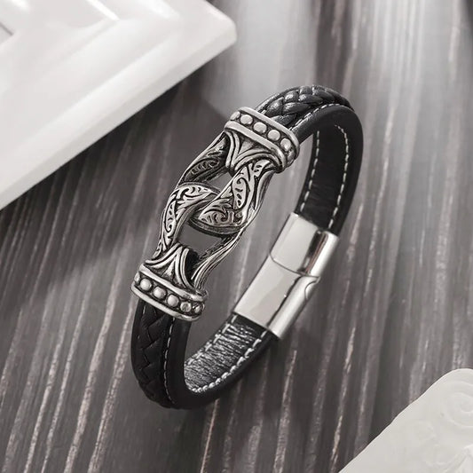 Retro Nordic Totem Metal Braided Leather Bracelet Men\'s Domineering Punk Bracelet Motorcycle Party Jewelry Gift