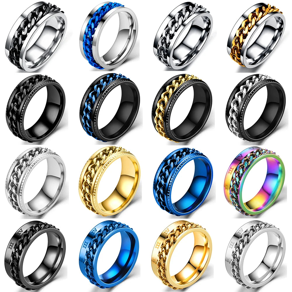 Stress Ring For Anxiety Relaxing Stainless Steel Rotatable Chain Fidget Metal Spinner Men Band Ring Jewelry Anillos De Hombres