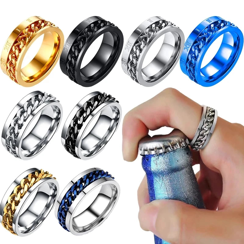 Stress Ring For Anxiety Relaxing Stainless Steel Rotatable Chain Fidget Metal Spinner Men Band Ring Jewelry Anillos De Hombres