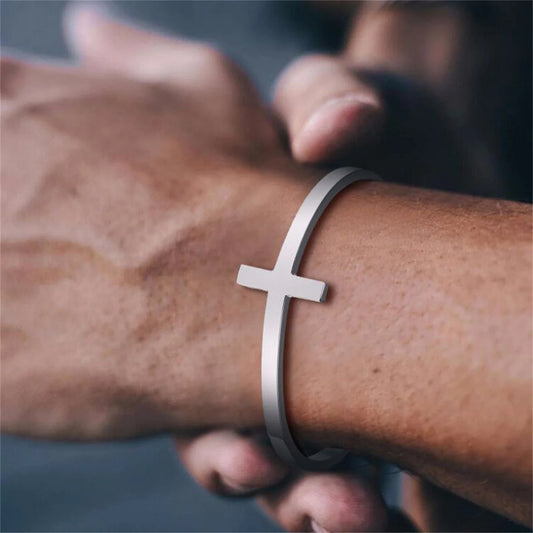 Trendy Silver Color Cross Cuff Bracelet High Quality Stainless Steel Bracelet Geometry Open Cuff  Bangle For Men Unisex Jewelry