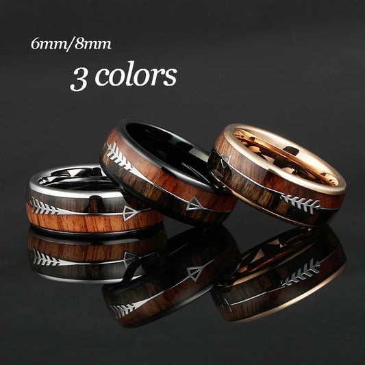 Tungsten Carbide Rings for Men Women Wedding Bands Nature Wood Arrow Inlay Free Engraving Comfort Fit