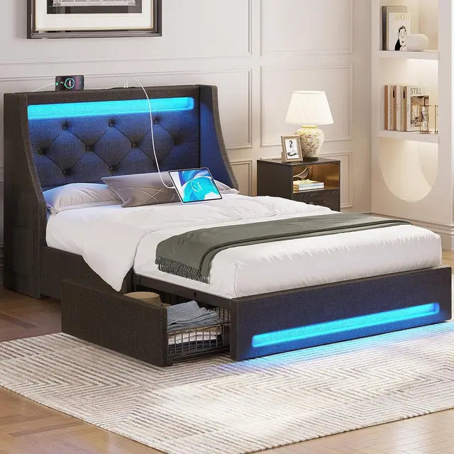 Twin bed frame with LED lights and charging station, upholstered bed with drawers, wooden planks, noiseless and easy to assemble