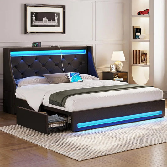 Twin bed frame with LED lights and charging station, upholstered bed with drawers, wooden planks, noiseless and easy to assemble