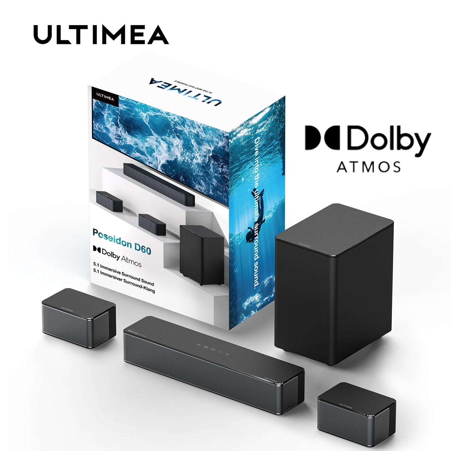 ULTIMEA 5.1 SoundBar with Dolby Atmos, 3D Surround Soundbar for TV with Wireless Subwoofer, Deep Bass, Home Theater TV Speakers