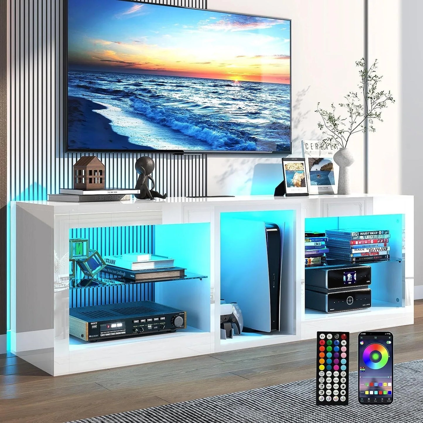 US 63inch LED TV Stand with Outlet for 70'' Modern High Gloss Entertainment Center