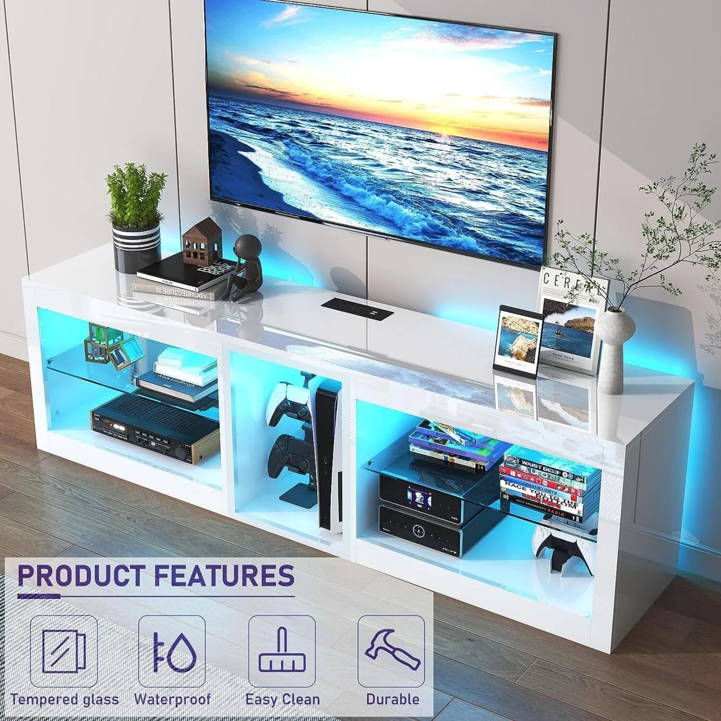 US 63inch LED TV Stand with Outlet for 70'' Modern High Gloss Entertainment Center