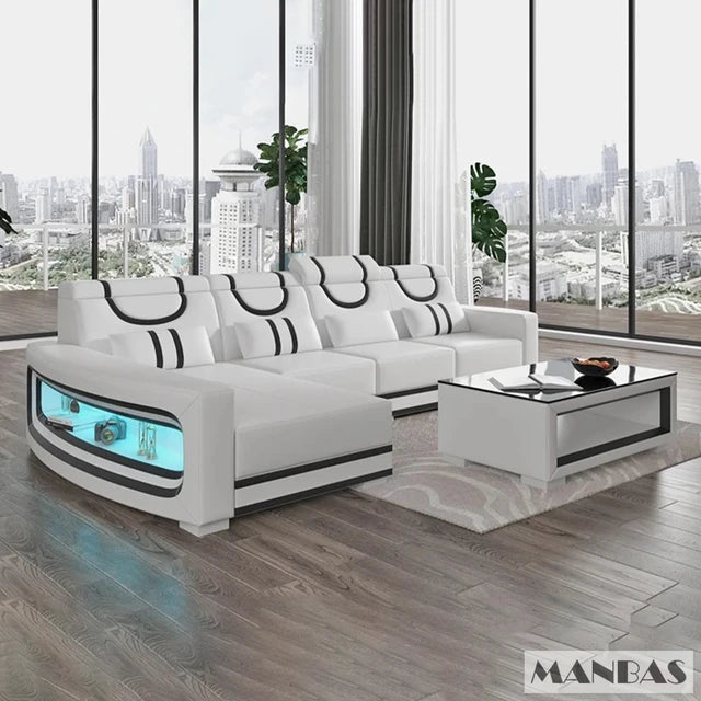 Upgrade Your Living Room with MINGDIBAO Italian Genuine Leather Sofa - 2 Colors Combination, LED Light & Soft Cushions
