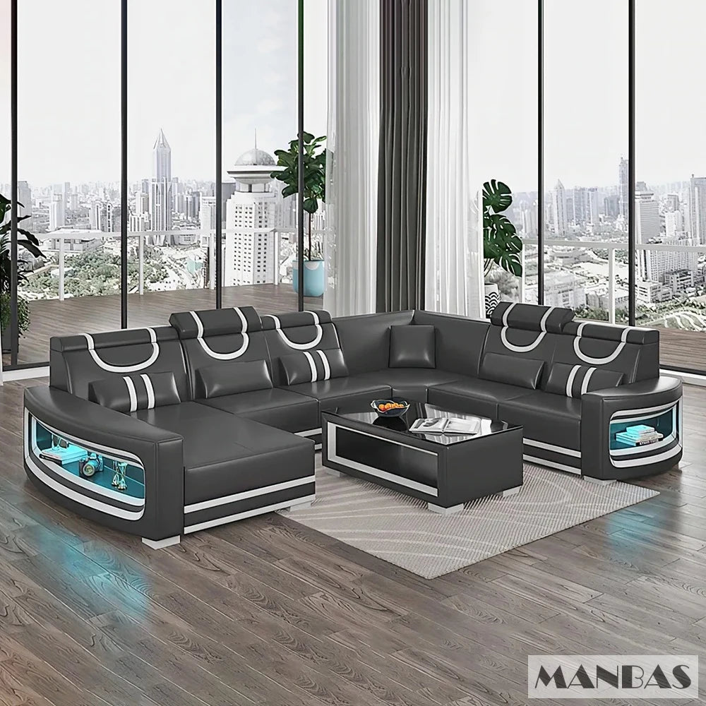 Upgrade Your Living Room with MINGDIBAO Italian Genuine Leather Sofa - 2 Colors Combination, LED Light & Soft Cushions