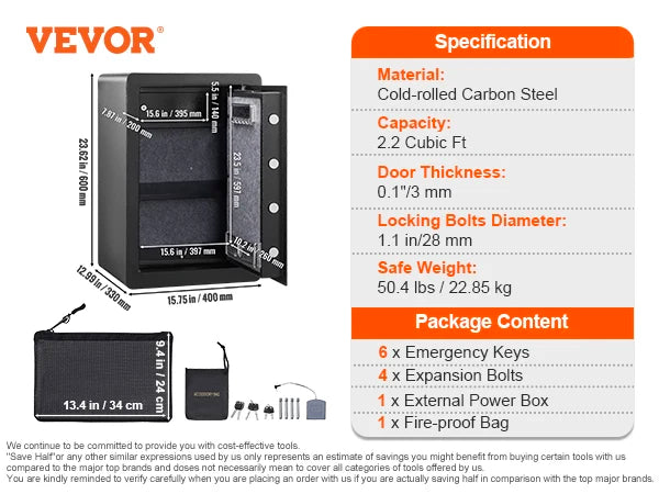 VEVOR Electric Safe 2.2/1.8 Cubic Feet Fingerprint & Digital Security Cabinet Safe W/ Fire-proof Bag for Cash Jewelry Documents