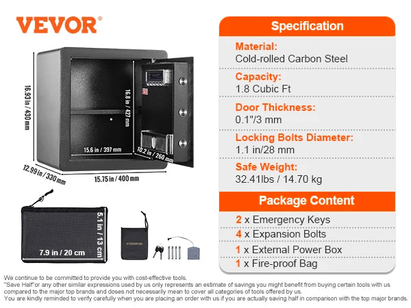 VEVOR Electric Safe 2.2/1.8 Cubic Feet Fingerprint & Digital Security Cabinet Safe W/ Fire-proof Bag for Cash Jewelry Documents