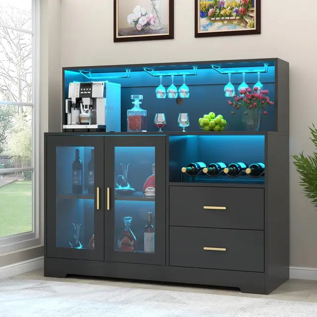 Gorgeous Wine Bar Cabinet with LED Lights and plenty of storage space! Comes in 2 different styles.