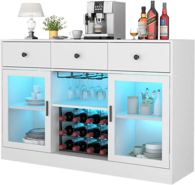 Gorgeous Wine Bar Cabinet with LED Lights and plenty of storage space! Comes in 2 different styles.