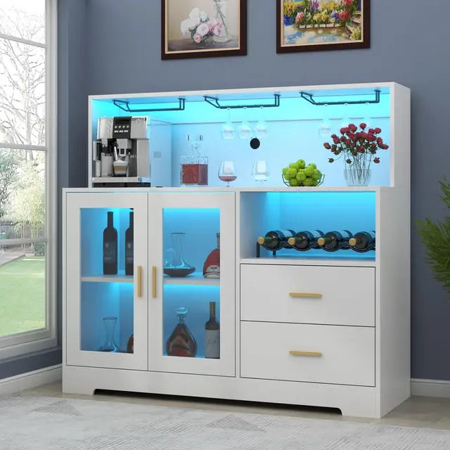 Gorgeous Wine Bar Cabinet with LED Lights and plenty of storage space! Comes in 2 different styles.