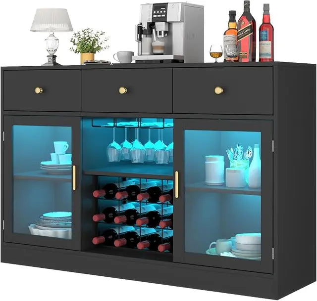 Gorgeous Wine Bar Cabinet with LED Lights and plenty of storage space! Comes in 2 different styles.