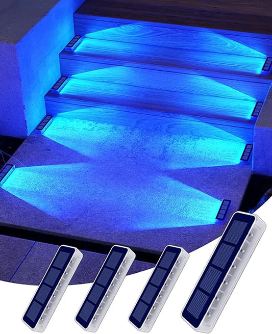 Yilaie LED Solar Step Lights for Outside 4 Pack Solar Stair Lights Blue Solar Deck Lights Waterproof IP68 Solar Pathway