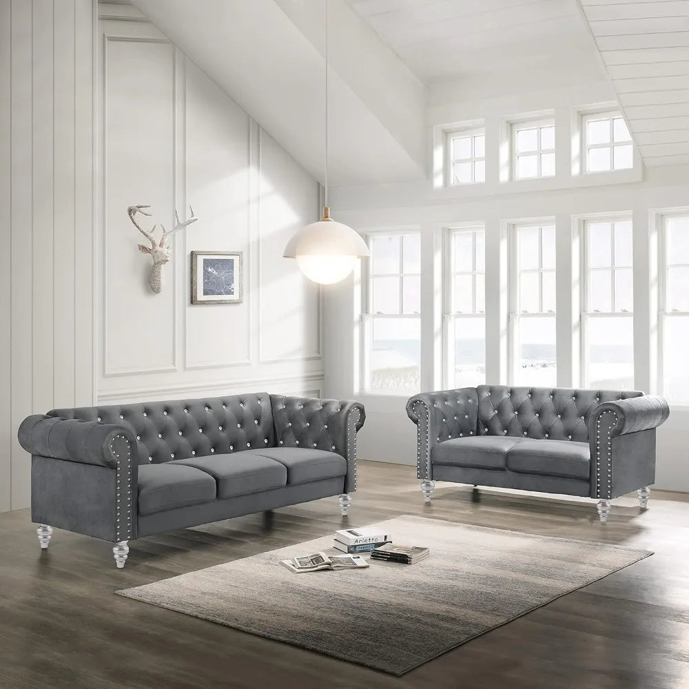 living room sofas Glam Emma Velvet Three Seater Chesterfield Style Sofa for Small Spaces with Crystal Button Tufts sofas