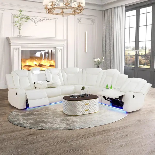 Big sectional couch with led lights, 2 power recliners, cup holders, massage, diamond pattern stitching comes in 3 colors