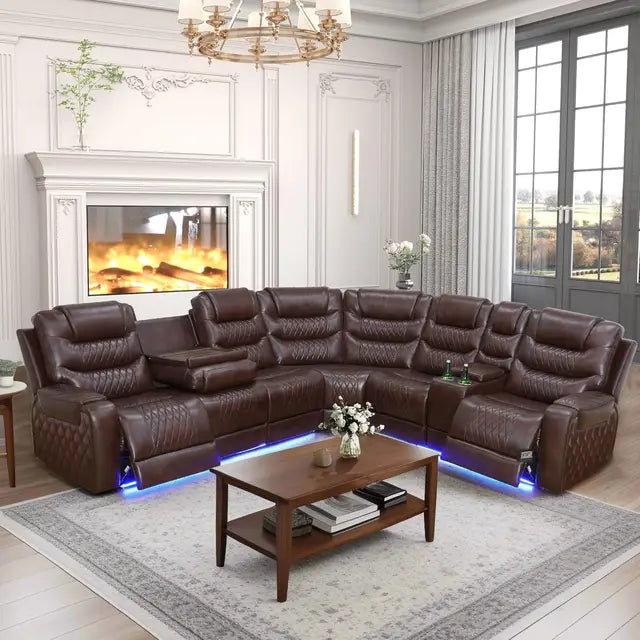 Big sectional couch with led lights, 2 power recliners, cup holders, massage, diamond pattern stitching comes in 3 colors