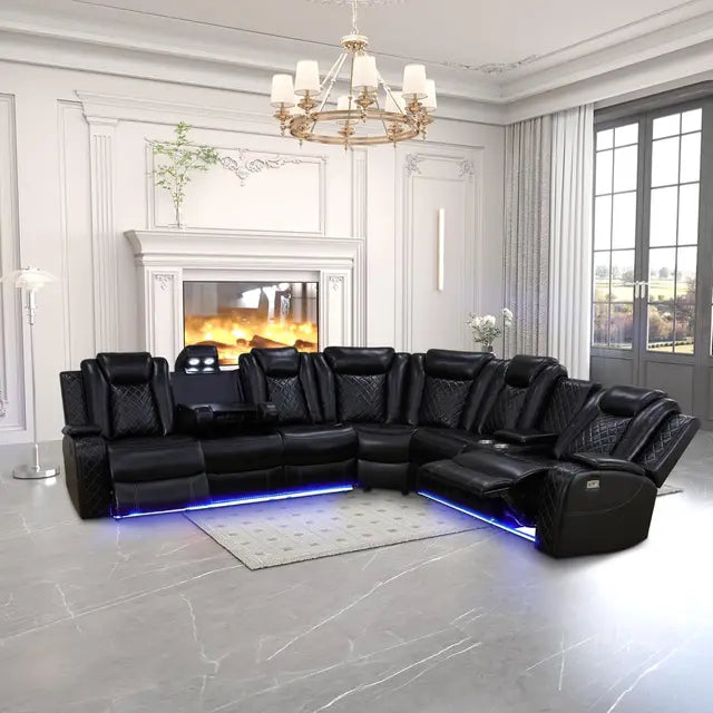 Big sectional couch with led lights, 2 power recliners, cup holders, massage, diamond pattern stitching comes in 3 colors