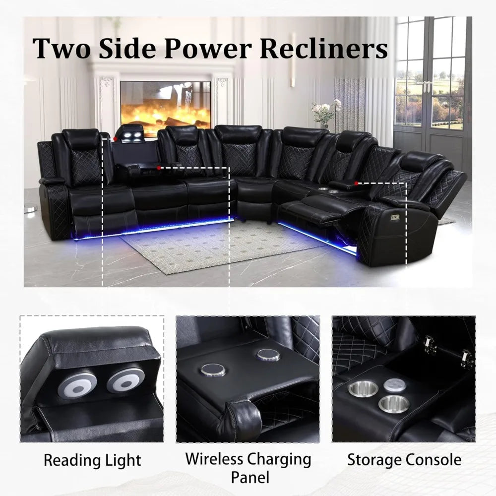 Big sectional couch with led lights, 2 power recliners, cup holders, massage, diamond pattern stitching comes in 3 colors