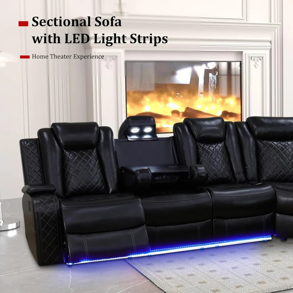 Big sectional couch with led lights, 2 power recliners, cup holders, massage, diamond pattern stitching comes in 3 colors