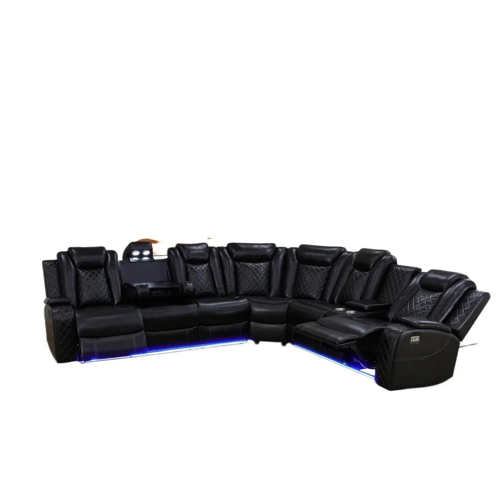 Big sectional couch with led lights, 2 power recliners, cup holders, massage, diamond pattern stitching comes in 3 colors