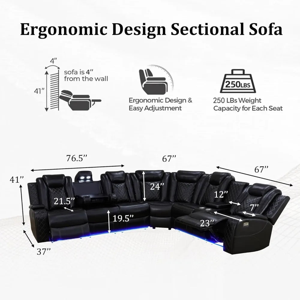 Big sectional couch with led lights, 2 power recliners, cup holders, massage, diamond pattern stitching comes in 3 colors