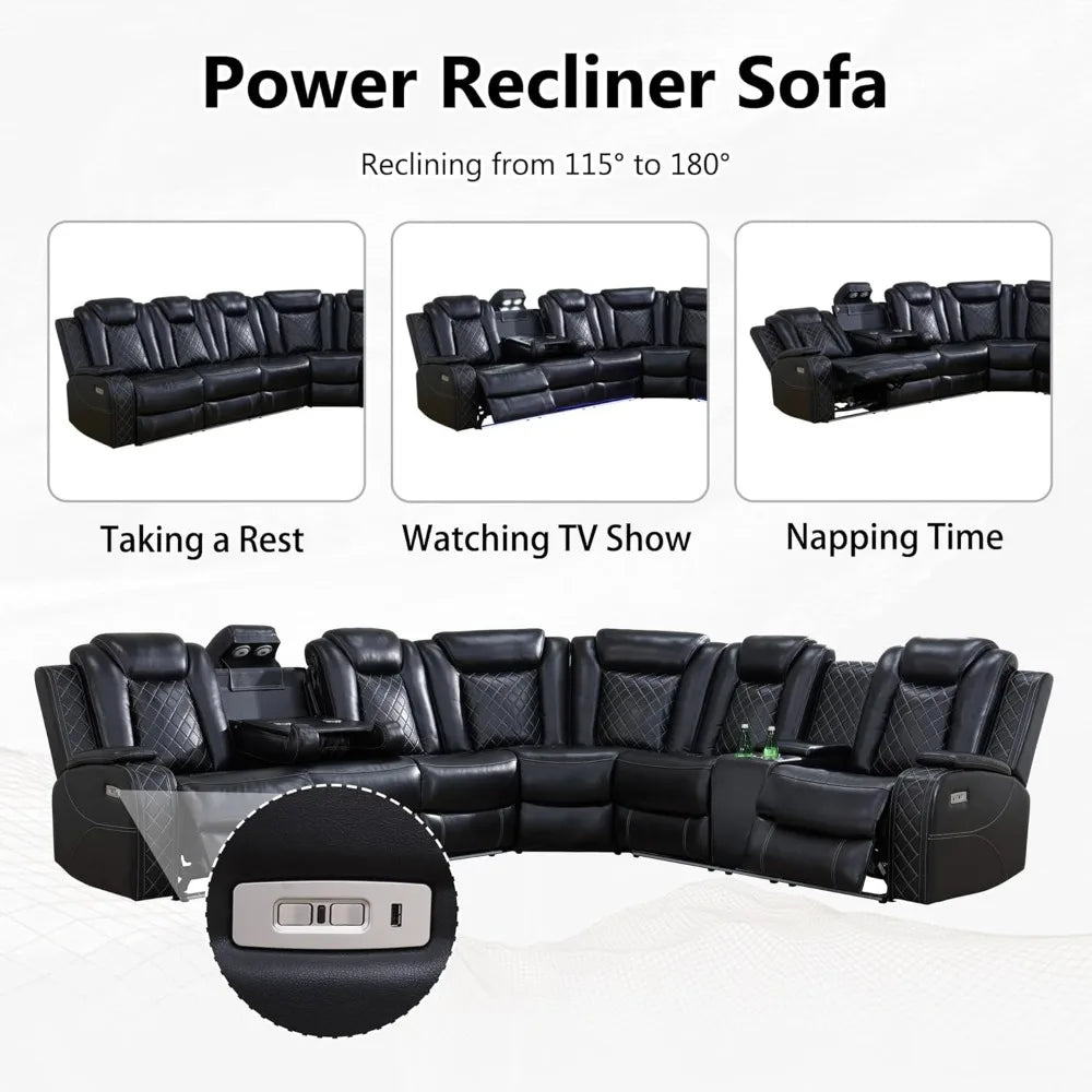 Big sectional couch with led lights, 2 power recliners, cup holders, massage, diamond pattern stitching comes in 3 colors