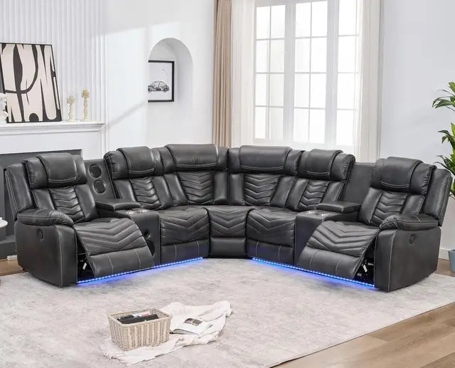 Another awesome sectional with USB ports, led lights, speakers with subwoofer, 2 power recliners, beautiful stitching!