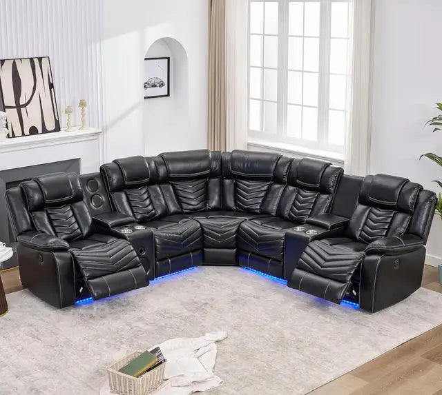 Another awesome sectional with USB ports, led lights, speakers with subwoofer, 2 power recliners, beautiful stitching!