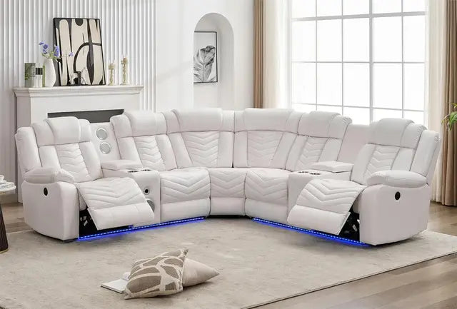 Another awesome sectional with USB ports, led lights, speakers with subwoofer, 2 power recliners, beautiful stitching!