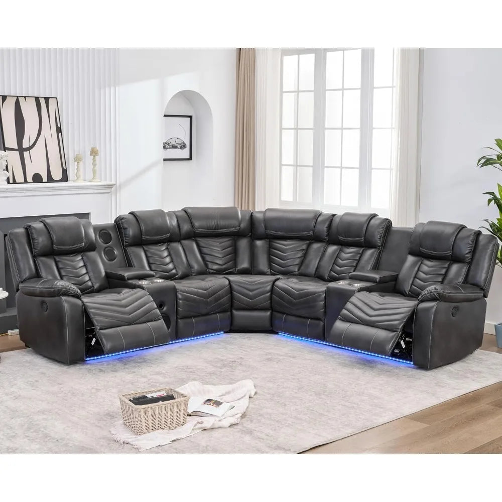 Another awesome sectional with USB ports, led lights, speakers with subwoofer, 2 power recliners, beautiful stitching!