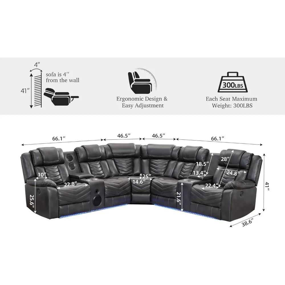 Another awesome sectional with USB ports, led lights, speakers with subwoofer, 2 power recliners, beautiful stitching!